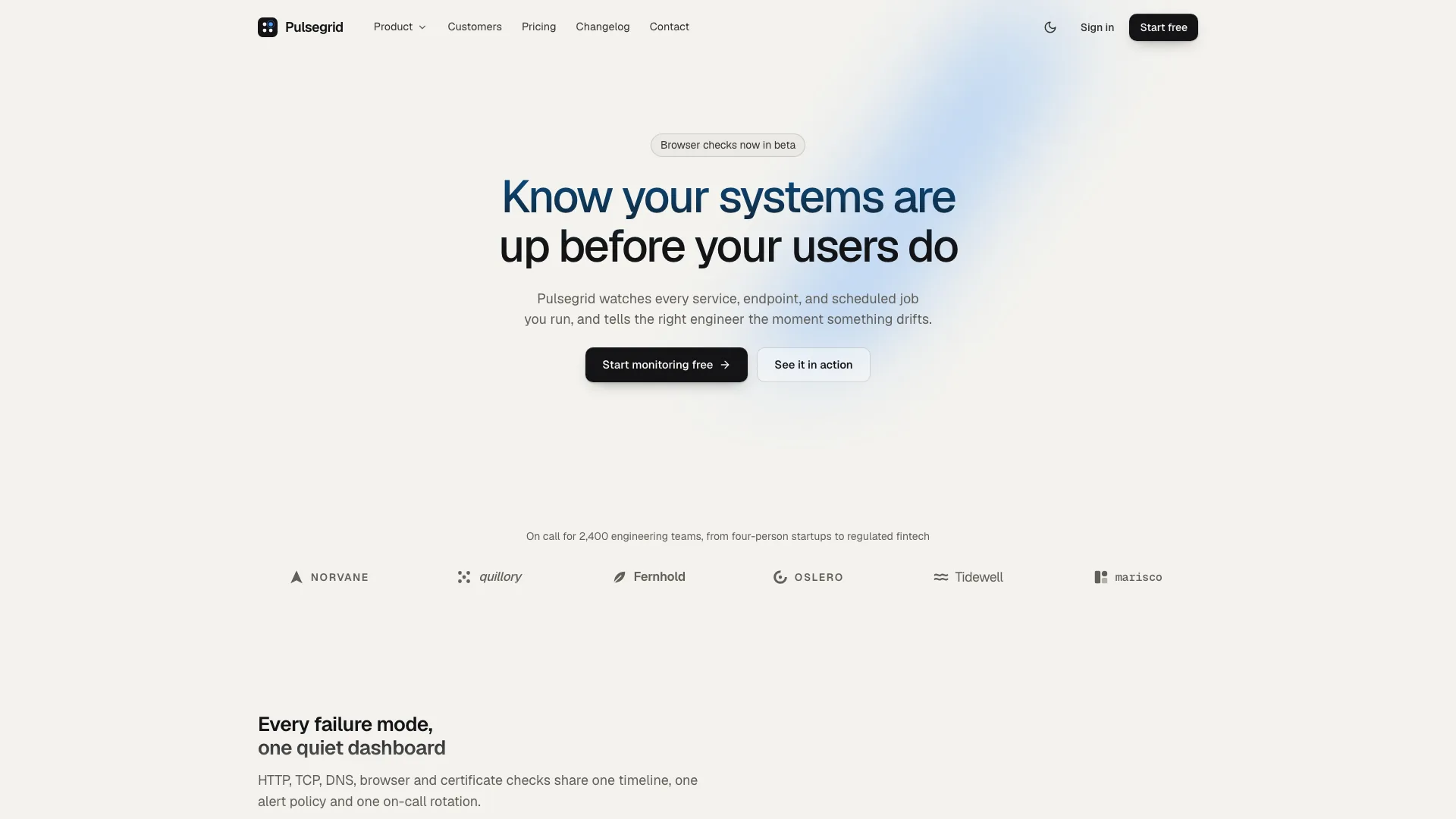 Pulsegrid hero with a gradient two-line headline, two buttons, the blue light beam and a row of customer wordmarks