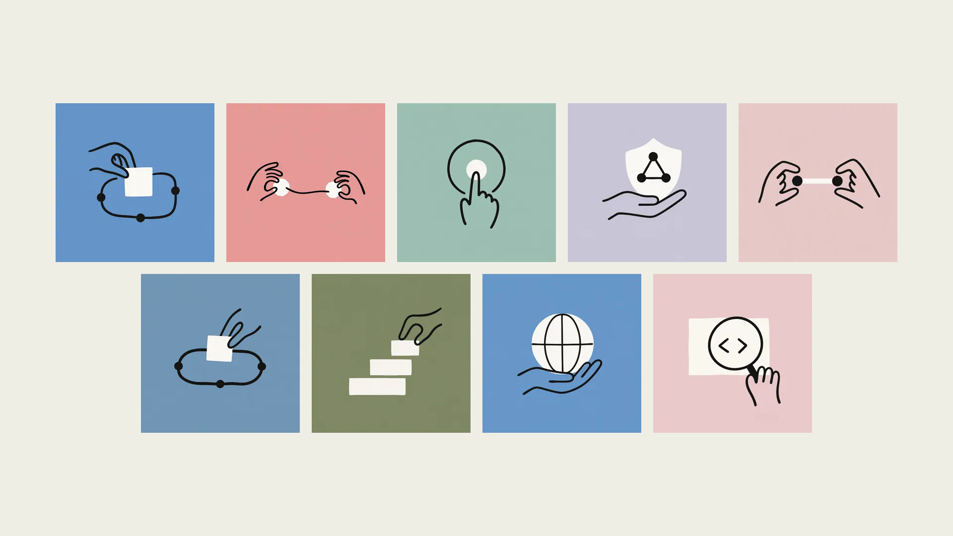 Nine square paper-cut editorial icons arranged in a five-over-four board