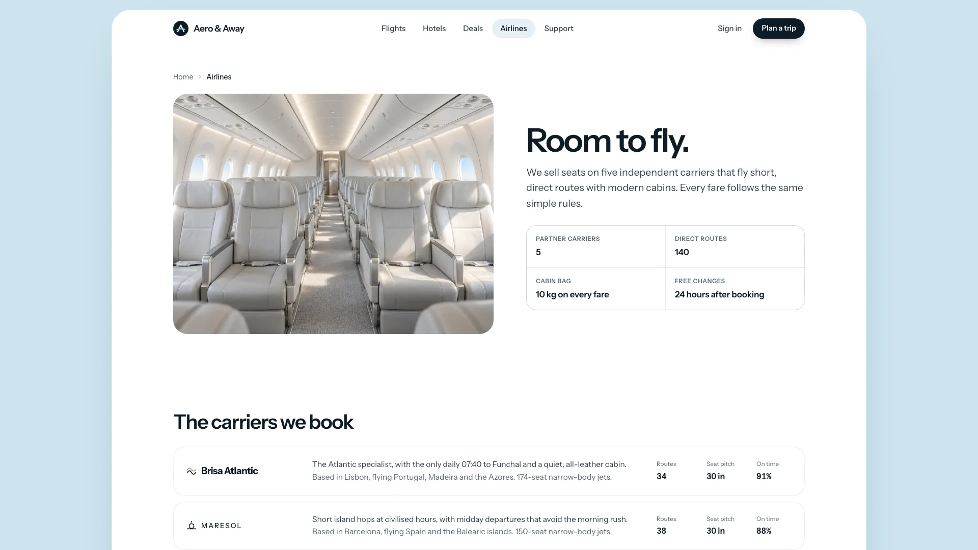 Airlines page titled Room to fly with a pale cabin photo, a fact grid for carriers, routes, cabin bag and free changes, and the list of partner carriers below