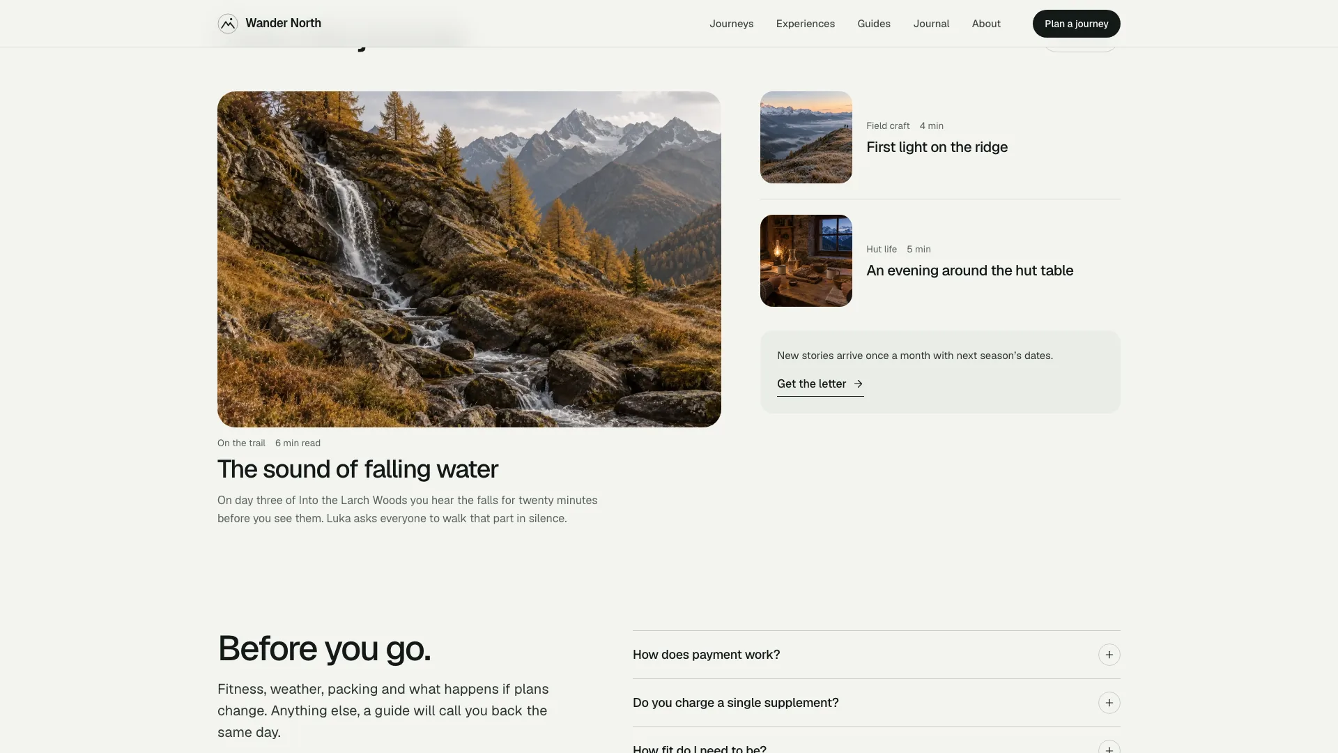 Journal feature with a waterfall photo and two story cards, above the Before you go questions