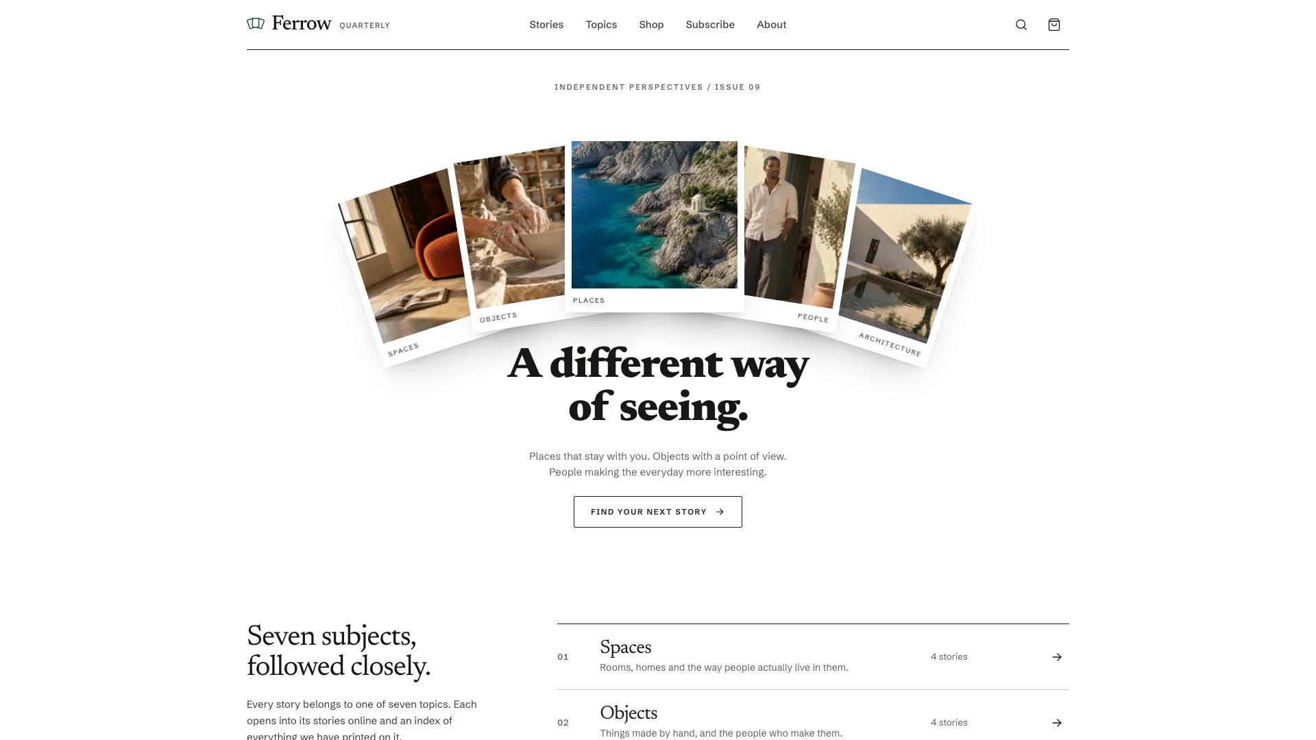 The Ferrow home page: five rotated photo cards labelled Spaces, Objects, Places, People and Architecture fanned above the headline A different way of seeing, one outlined button and the start of the numbered topic index