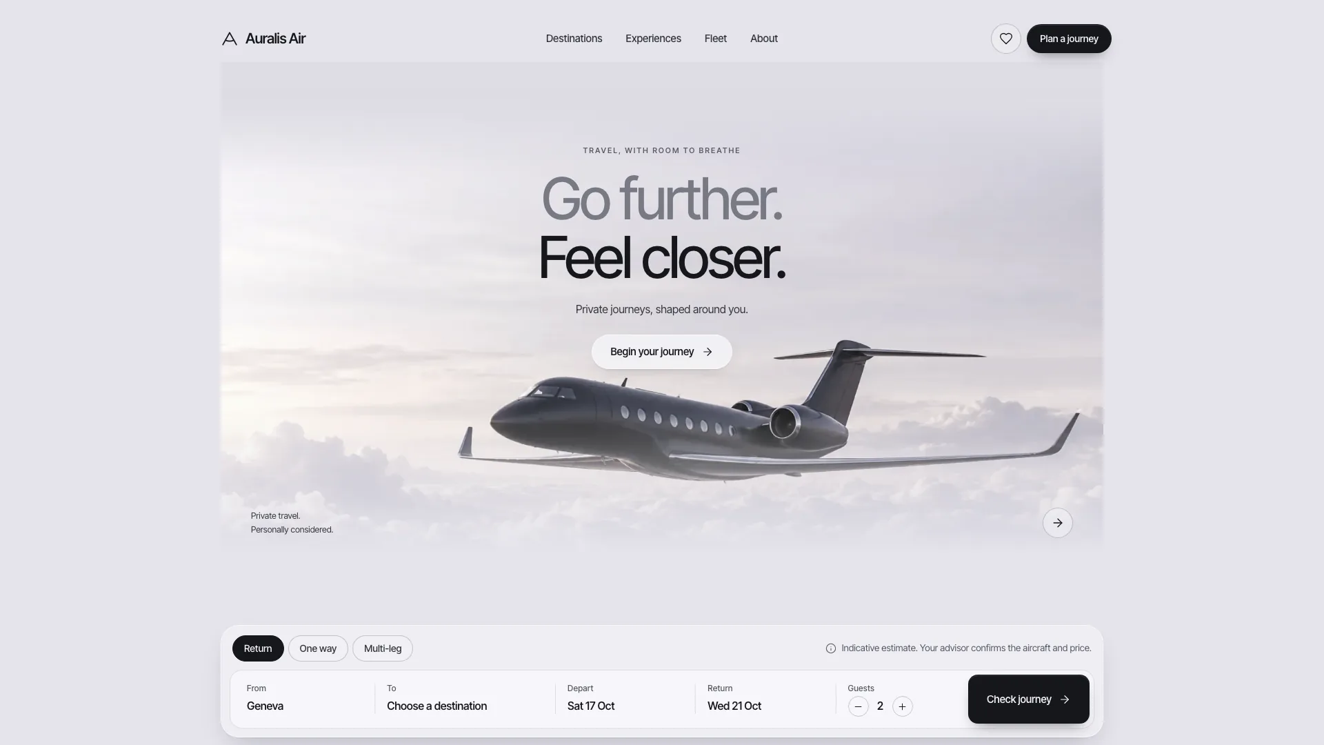 Auralis Air hero: a dark jet in pale clouds under the two-tone headline Go further. Feel closer., with the booking bar below
