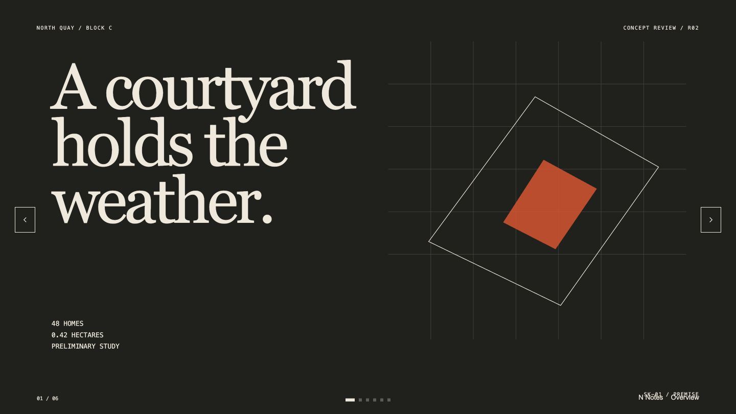 A dark cover slide with a large serif title beside a site outline traced over a grid