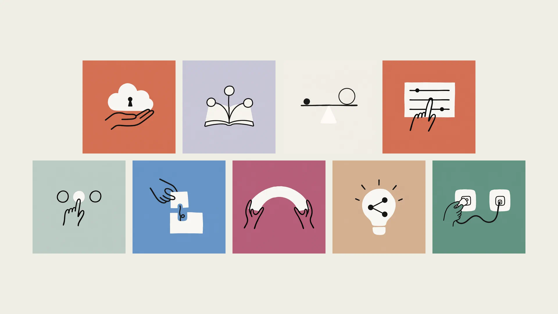 Nine square paper-cut editorial icons arranged in a four-over-five board