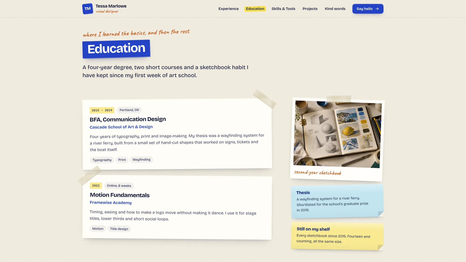 Education page with a blue Education plate, taped cards for a degree and a short course, a sketchbook photo and two sticky notes