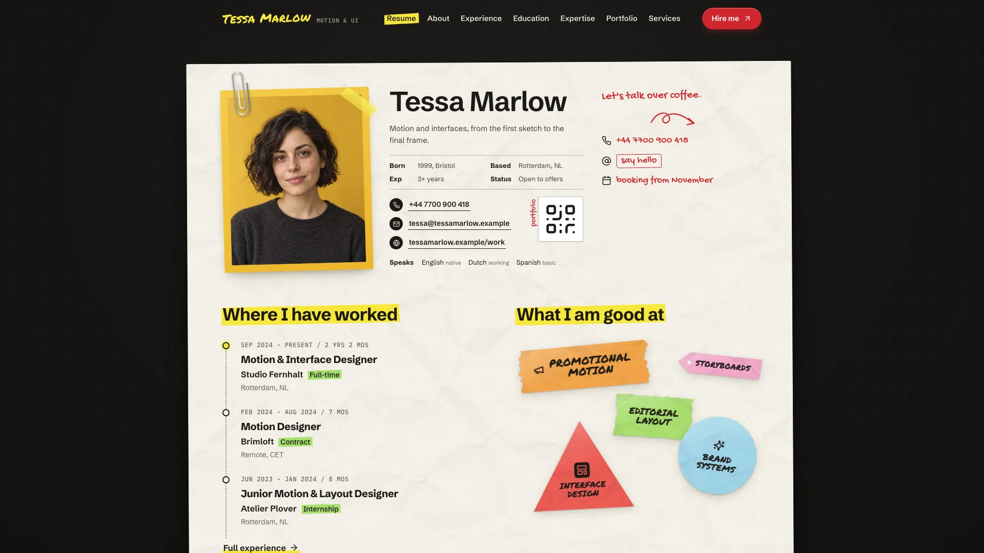 The Tessa Marlow resume home: a paper-clipped mustard portrait card, name, facts and contact rows, a red handwritten margin note, a dotted work timeline and a cluster of torn expertise stickers