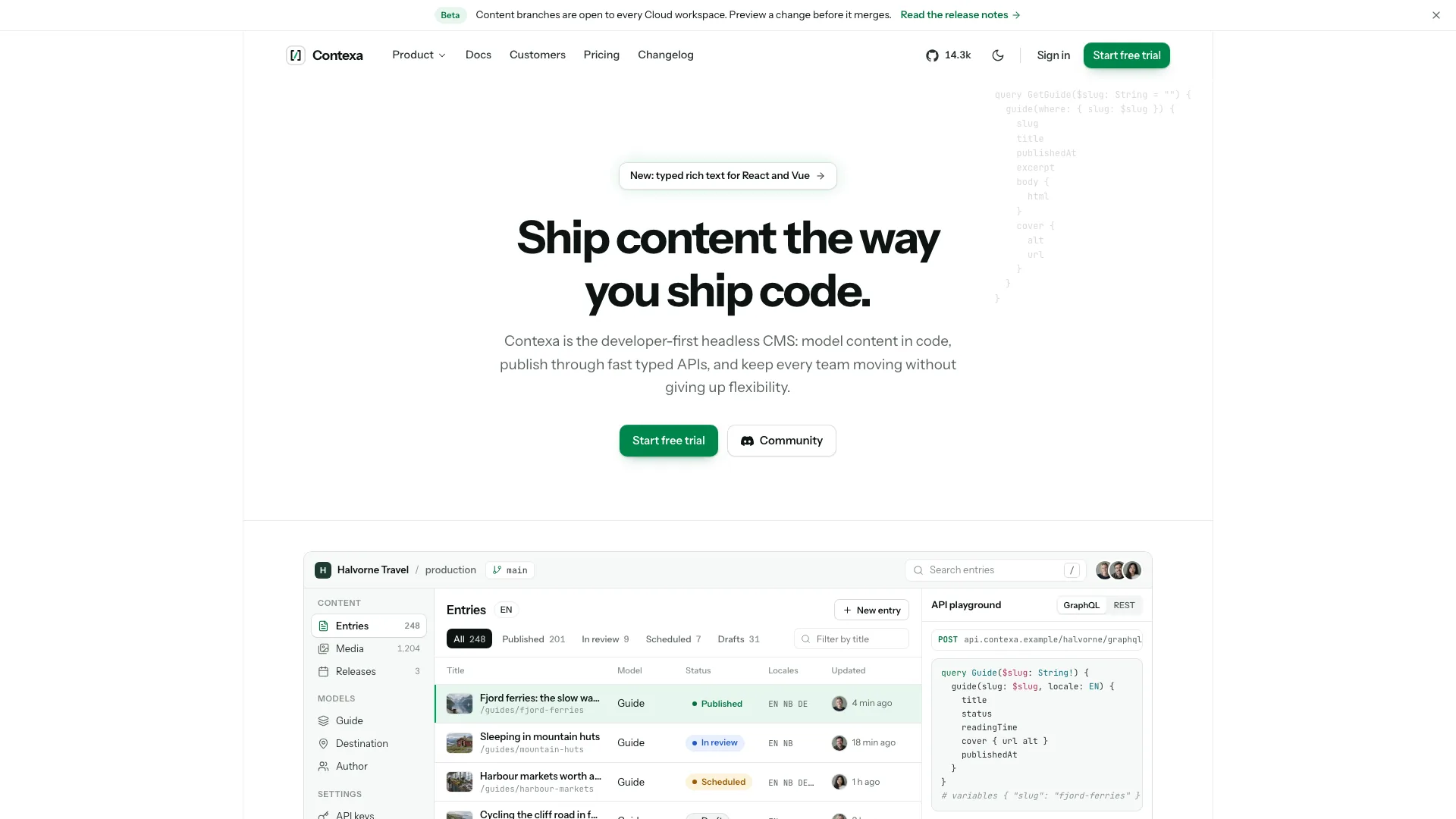 The Contexa hero: a beta announcement bar, a centred two-line headline with Start free trial and Community buttons, a faint query in the corner and the content studio with entries and an API playground below