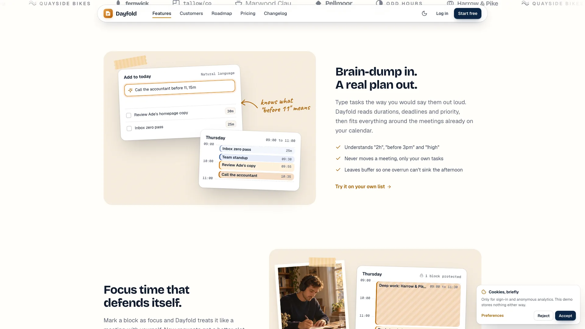 The features section after scrolling: the navbar has floated into a pill, and a task-capture card with a handwritten note sits beside the headline Brain-dump in. A real plan out.