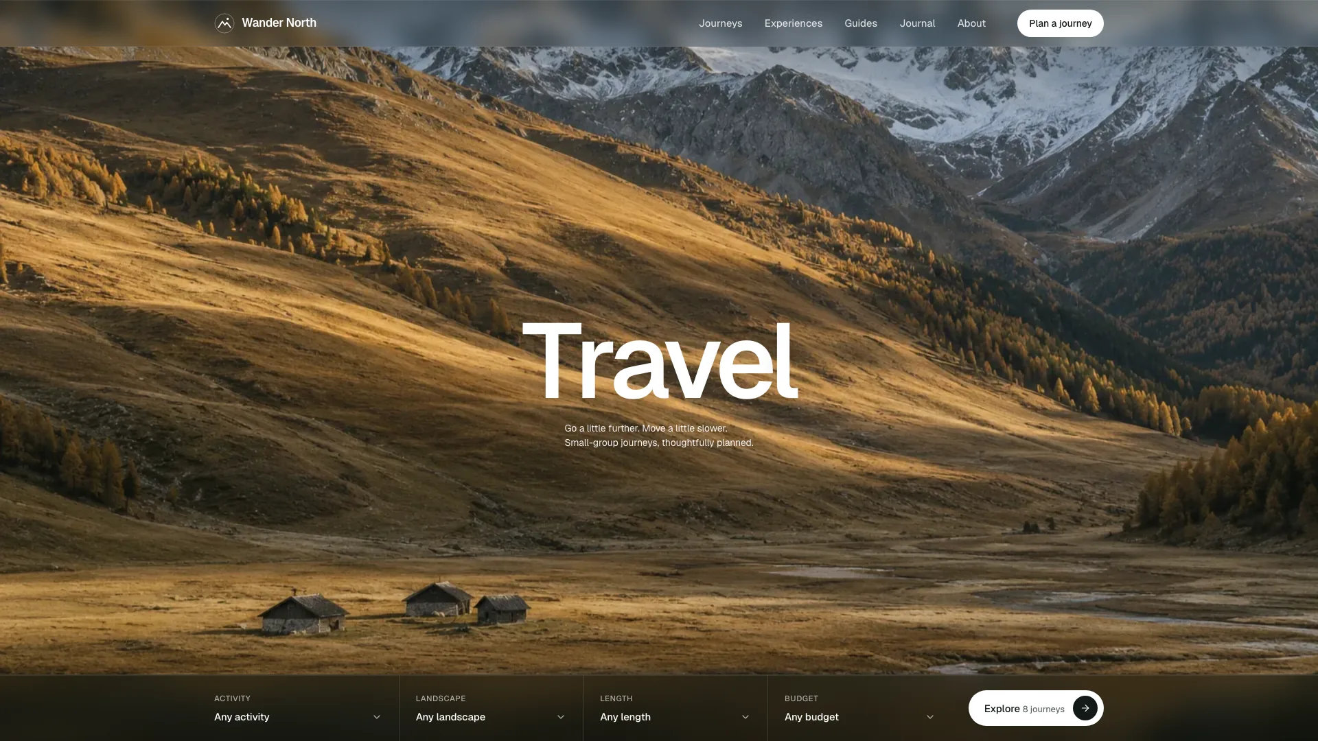 Wander North home hero: alpine valley photo with three hay huts, the giant white word Travel and the dark glass search bar with four filters