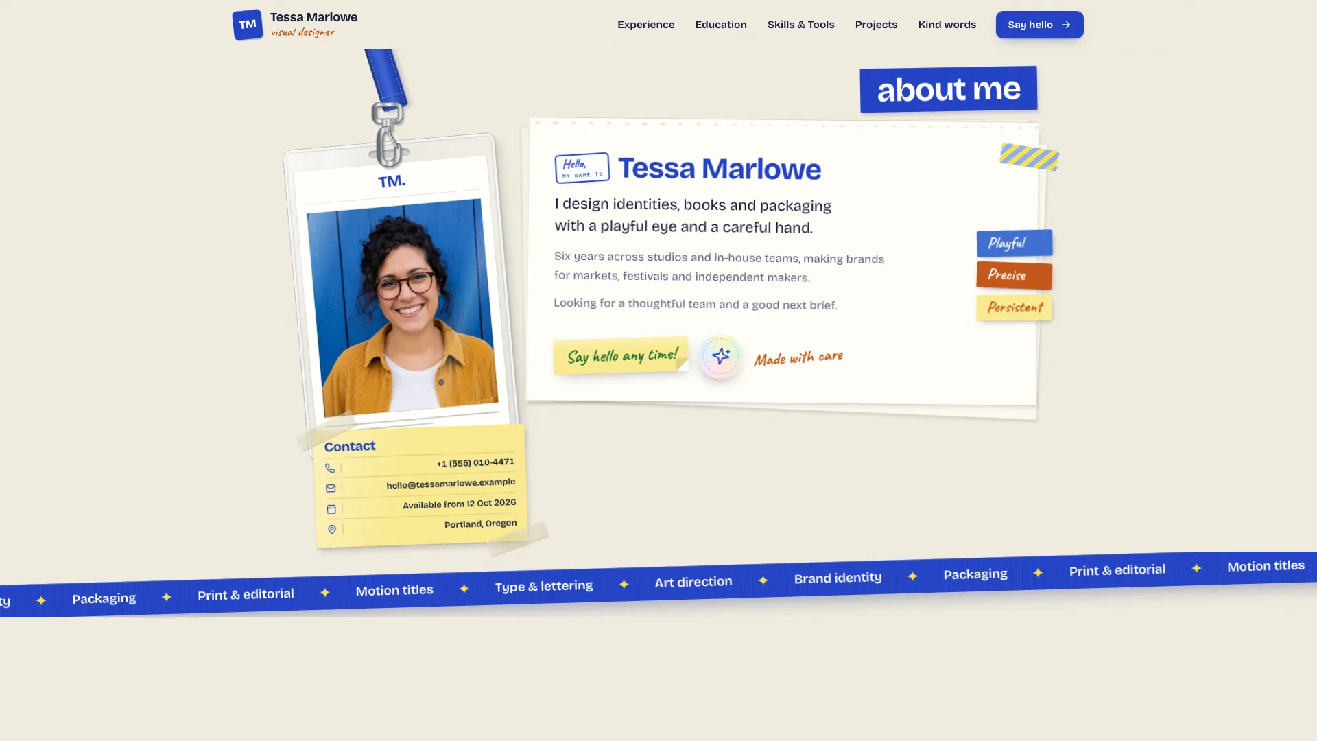 Tessa Marlowe home: a lanyard ID badge with portrait and a yellow contact note beside the torn notepaper intro, above a cobalt marquee ribbon