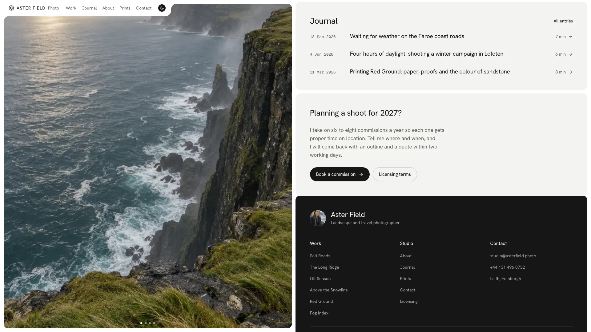 Lower on the home rail: a dated journal list, a Planning a shoot for 2027 booking card and the dark footer card with work, studio and contact links, beside the fixed photo pane