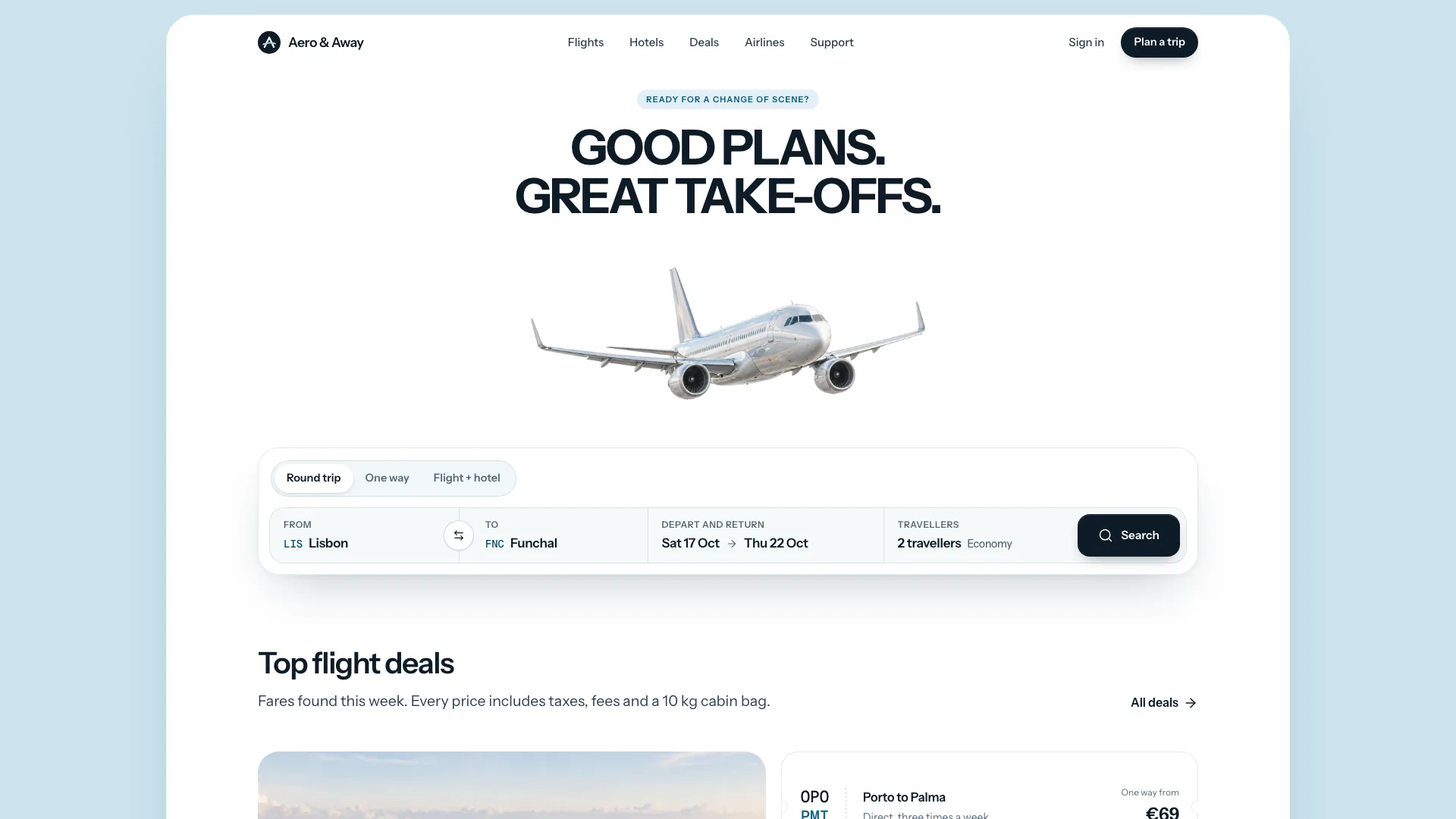 Aero & Away home page with the uppercase headline Good plans. Great take-offs., a silver airplane and a search card with Round trip, One way and Flight + hotel tabs