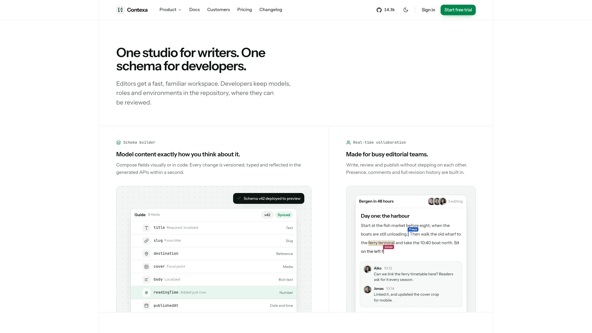 The feature bento: a Guide schema builder with typed fields beside a live collaboration editor with two named cursors and comments