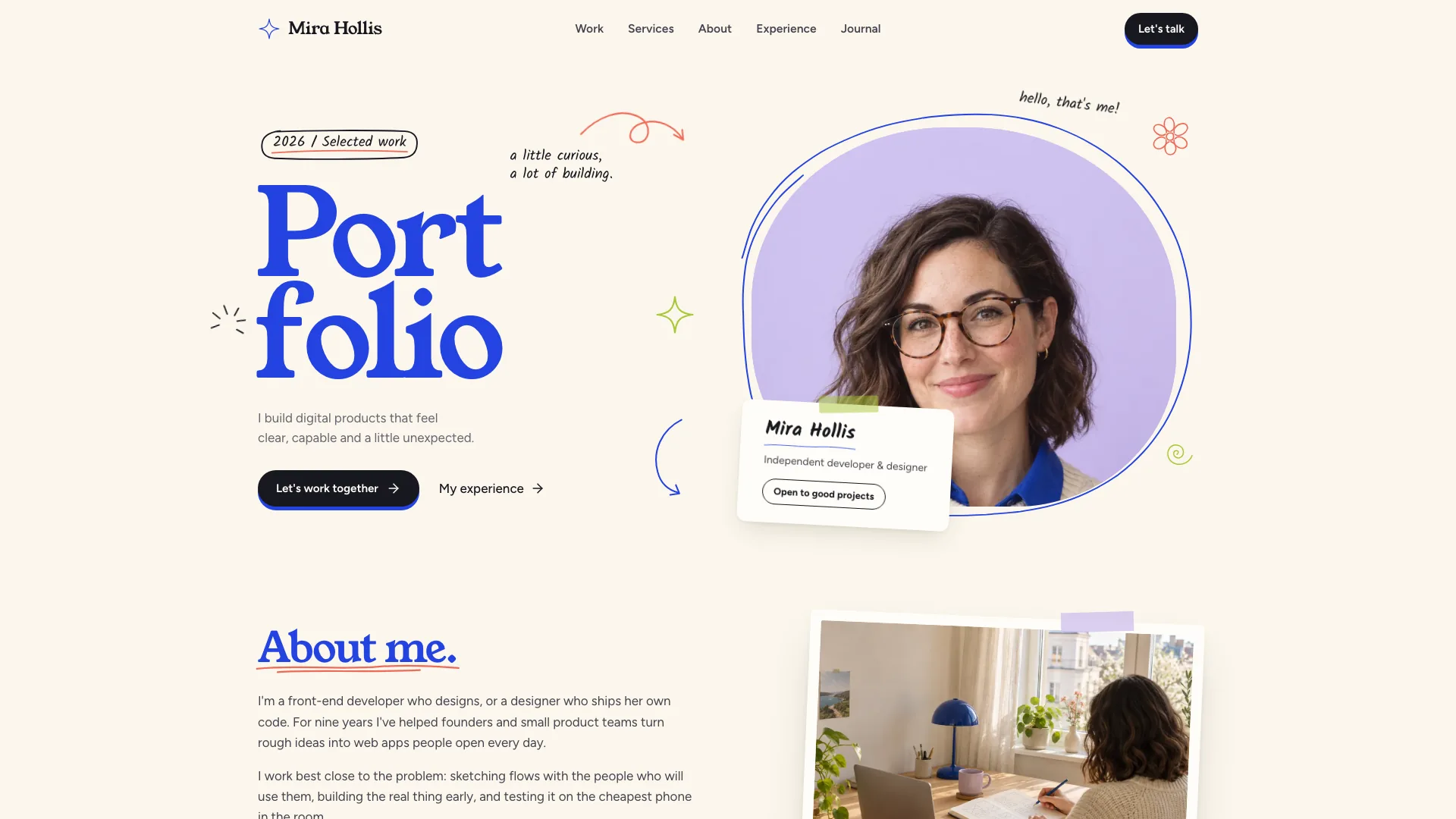 Mira Hollis hero: a giant cobalt serif Portfolio headline, hand-drawn doodles and a portrait in a lilac blob with a taped ID note