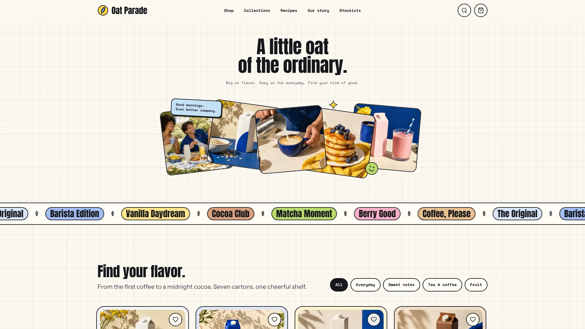 The Oat Parade home page: a two-line condensed headline over a fan of five rotated photo cards with stickers, a flavor-name marquee and the start of the product shelf with filter chips