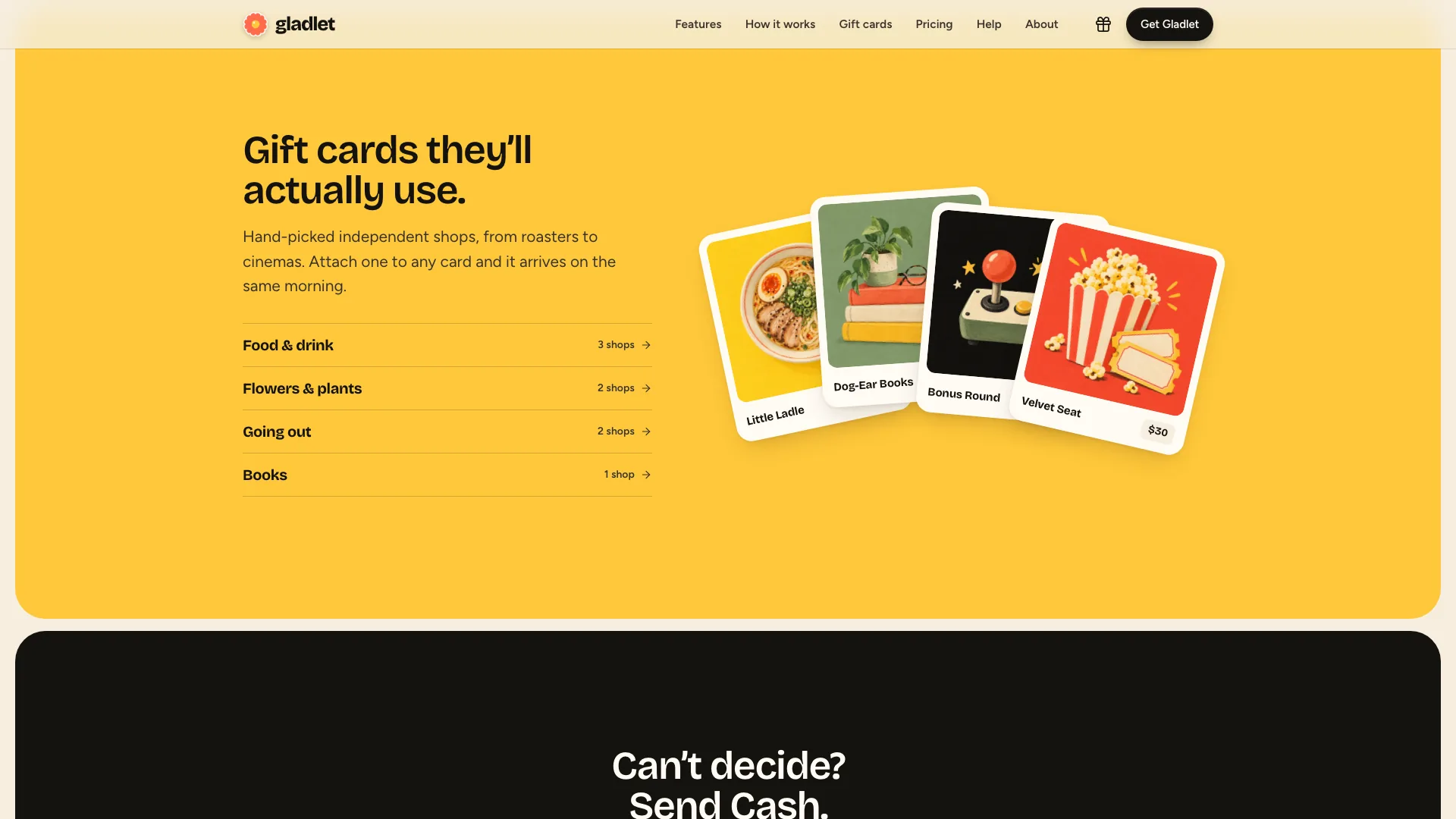 Sun-yellow gift-card band with shop categories and a fan of illustrated gift cards