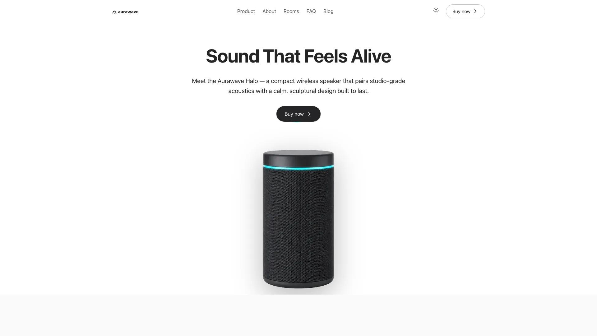 The Aurawave Halo hero with the headline Sound That Feels Alive, a Buy now pill and the speaker cutout on white