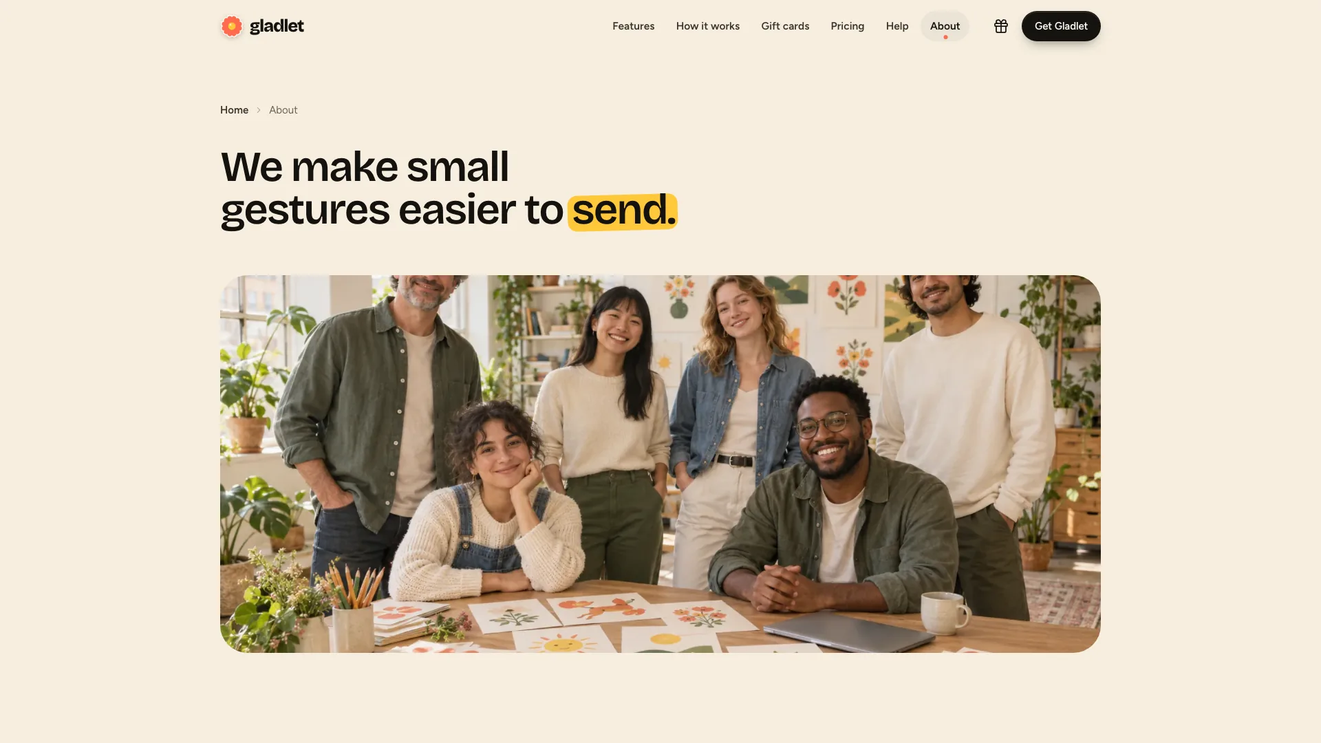 About page with a team photo under a headline with a yellow highlighted word