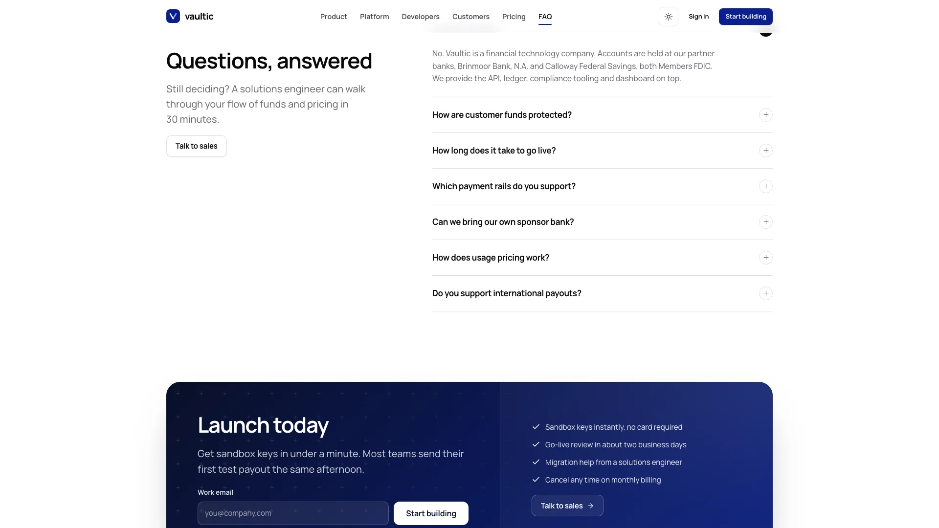 Questions, answered FAQ accordion above the navy Launch today band with a work email field