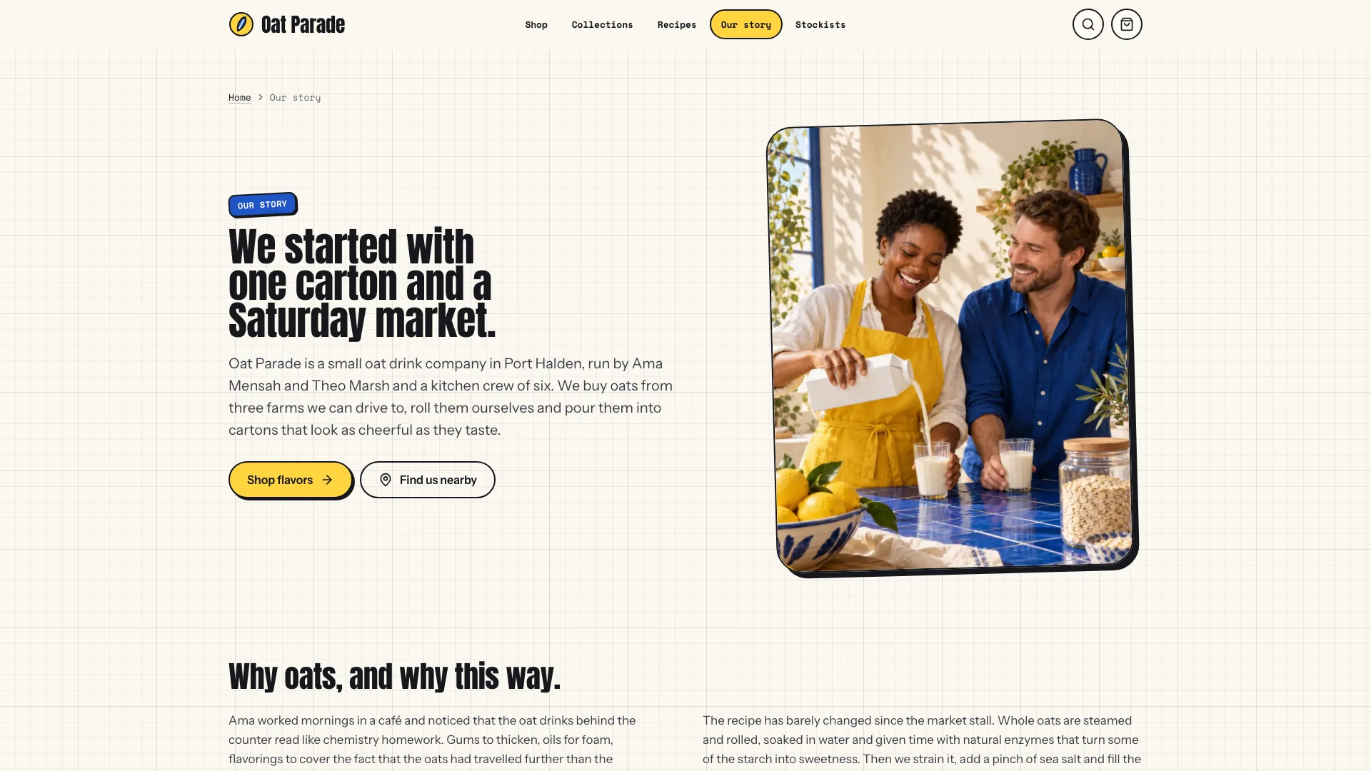 The Our story page: a breadcrumb, a condensed headline with Shop flavors and Find us nearby buttons, and a photo of the two founders pouring oat drink