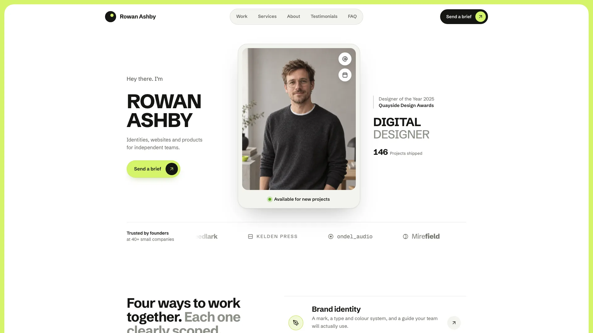 The Rowan Ashby home page: a lime frame around a white sheet, the name in bold uppercase, a centred portrait card with social buttons and an availability line, an award line and a client wordmark row