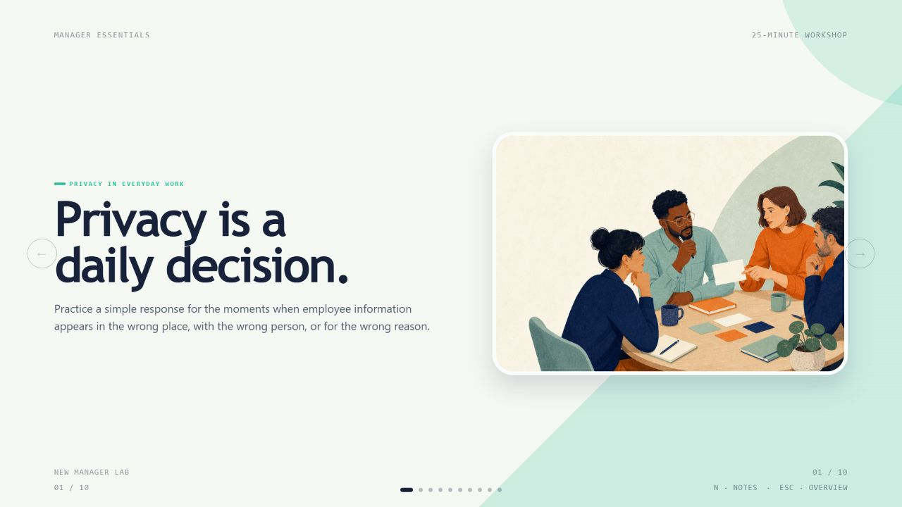 A privacy workshop cover with a clear learning promise and editorial team illustration
