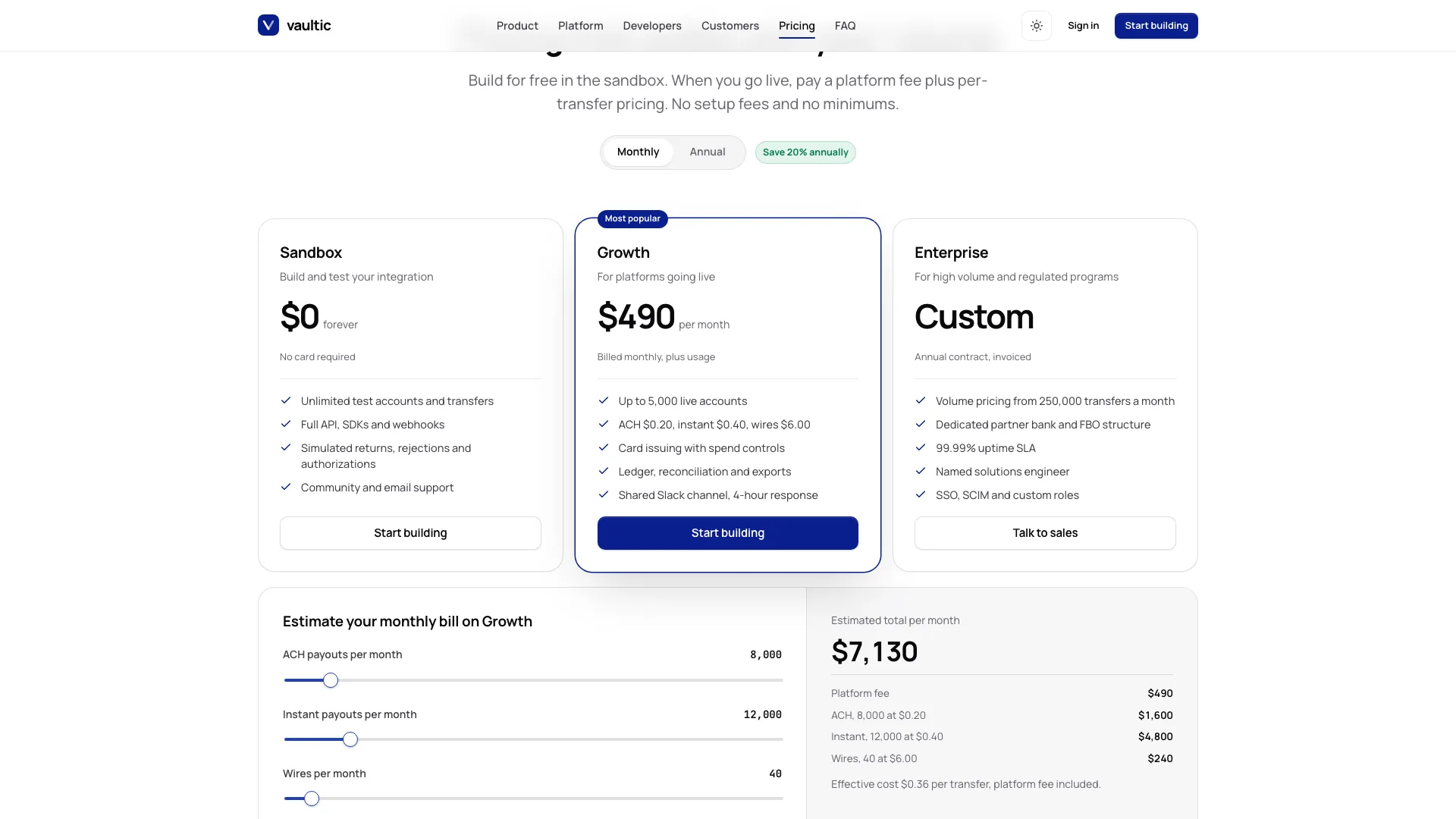 Sandbox, Growth and Enterprise pricing tiers with the billing toggle, above the monthly bill estimator