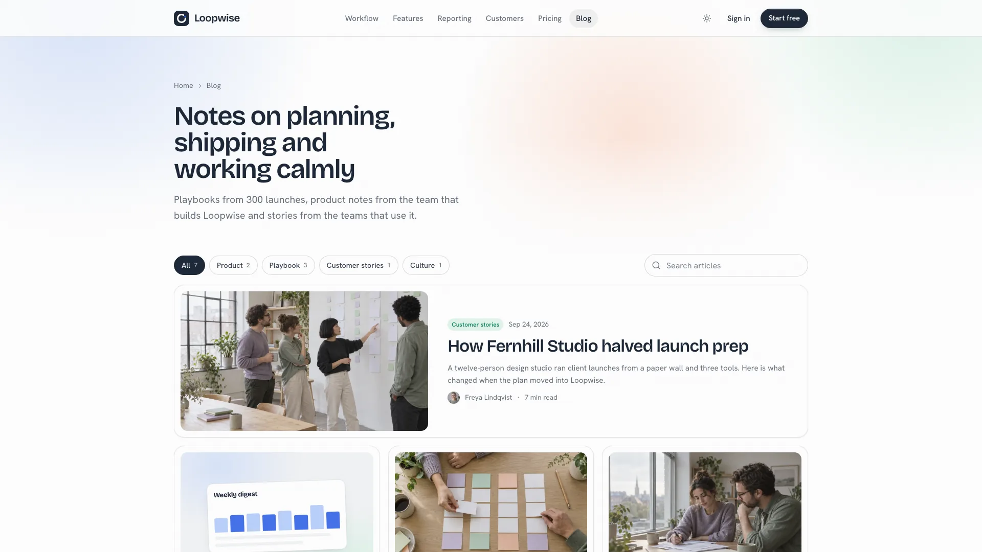 Blog index with topic filters, search and a featured Fernhill Studio customer story