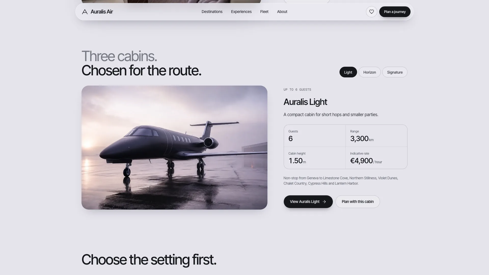 Three cabins section with fleet tabs, the Auralis Light jet on a wet apron and its guests, range, cabin height and hourly rate